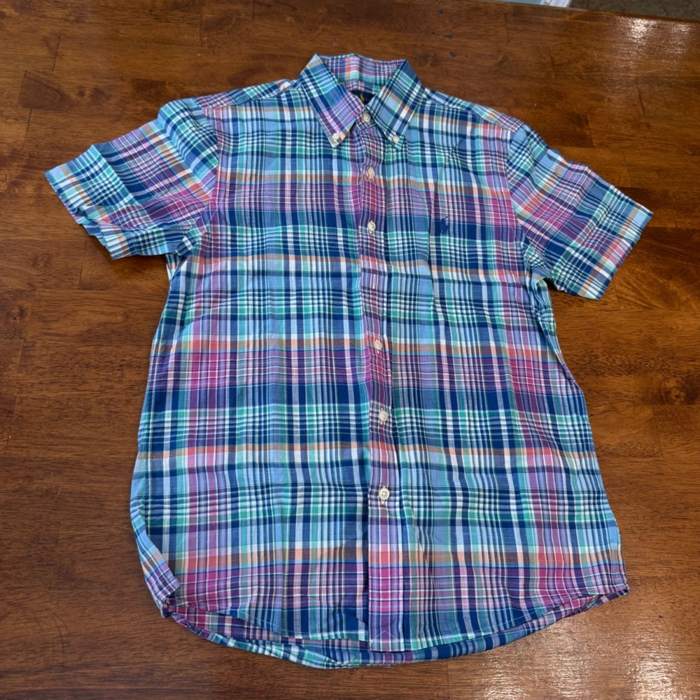 Ralph Lauren men’s short sleeve button down Plaid Shirt - Blue Pink green size S